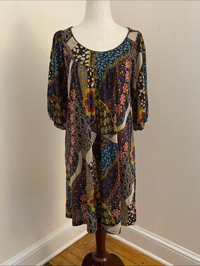 Orion London Patchwork Boho Tunic Dress Beaded Neckline XS/S